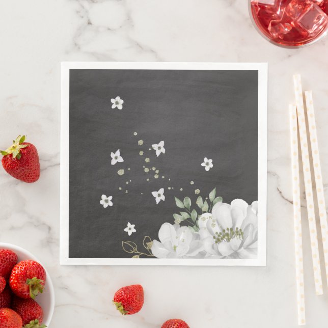 vit blomma grönt löv svart papper middag napki pappersservett (Insitu)
