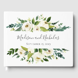 Vit blomma och Grönt Bröllop Guest Bok