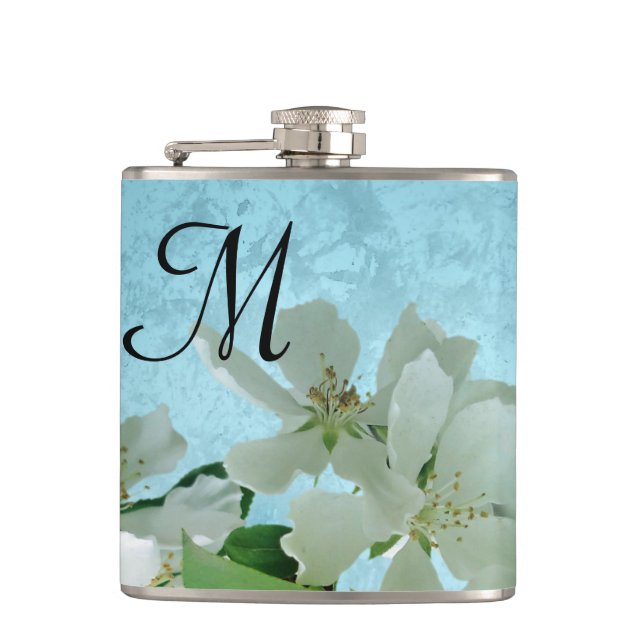 Vit blomma på Blå himmel-monogram Whiskey-kolv Fickplunta (Framsidan)
