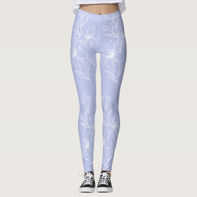 Vit blomma på ljusblå bakgrund leggings (Framsida)