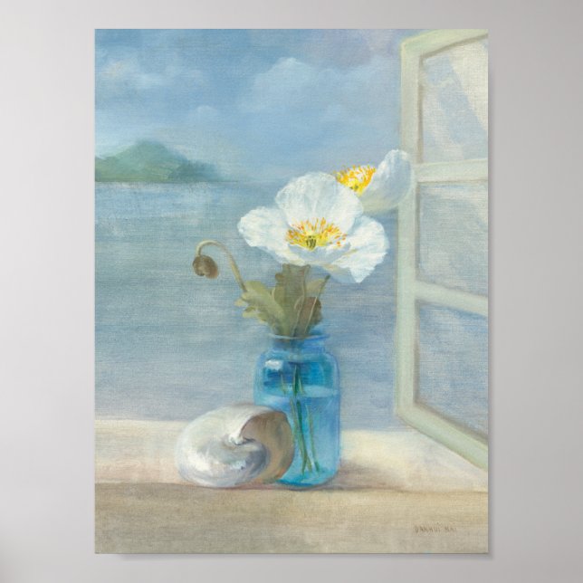 Vit blomma som förbiser havet poster (Framsidan)