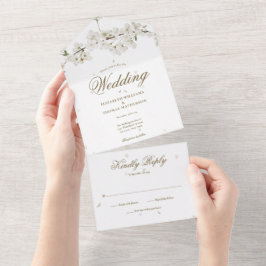 Vit Blommande Blomma Guld Script Monogram Bröllop
