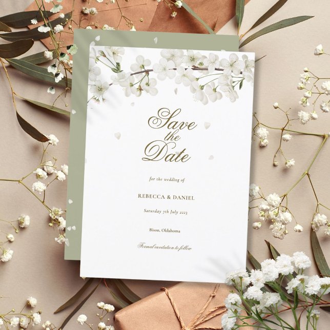Vit Blommande Bröllopsblomma Spara Datum Inbjudningar (White Blossom Floral Wedding Save the Date Invitation)