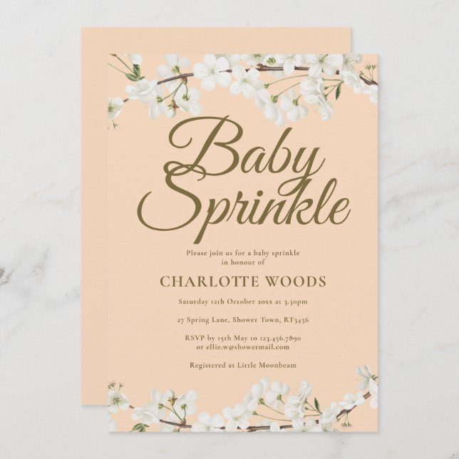 Vit Blommar Baby Sprinkle Kön Neutral Inbjudningar (Fram/baksida)