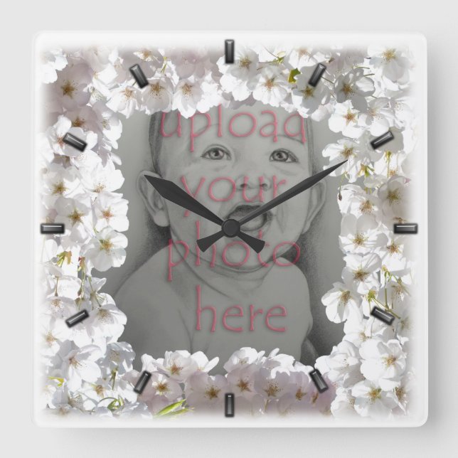 Vit Blommar Clock Cherry Blommars Wall Clocks Fyrkantig Klocka (Framsida)