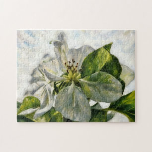 Vit Blommar i Träd Flower Art Puzzle Pussel