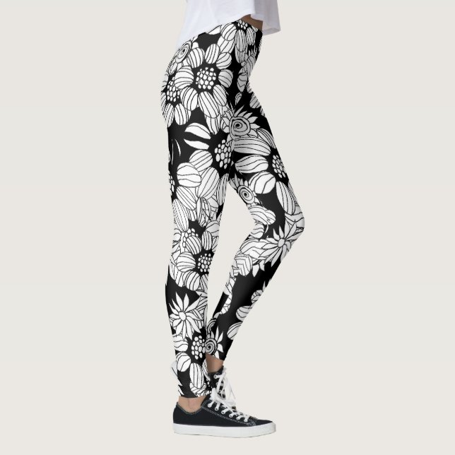 Vit blommar på en svart bakgrund leggings (Höger)