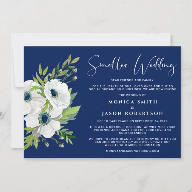 Vit Blommig Akvarell Marinblå Mindre Bröllop Meddelande (Framsida)