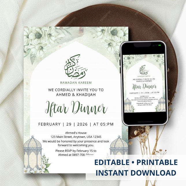 Vit Blommig Båge Ramadan Iftar Middagsinbjudan Inbjudningar (Skapare uppladdad)
