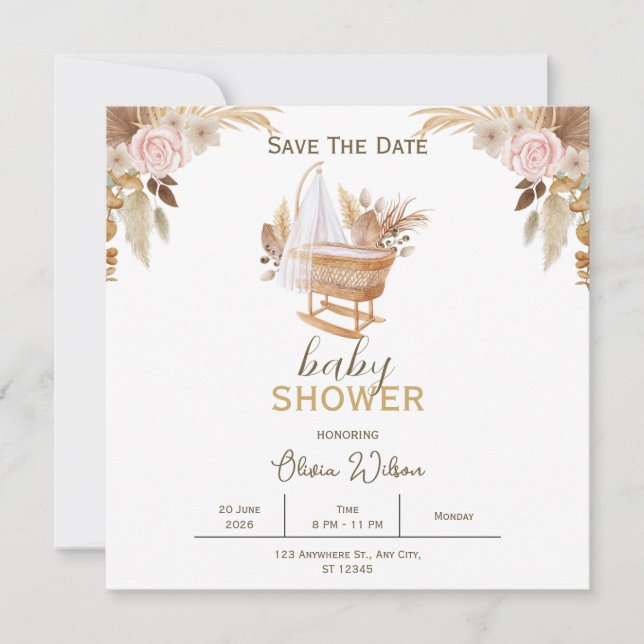 Vit Blommig Bebis Shower Spara Datum Kort (Framsida)