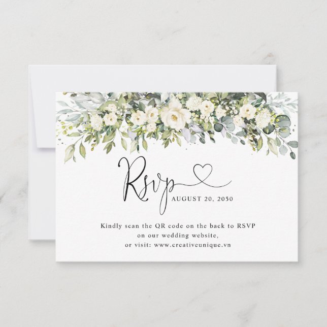 Vit Blommig Bröllopswebbplats QR-kod RSVP  OSA Kort (Framsida)