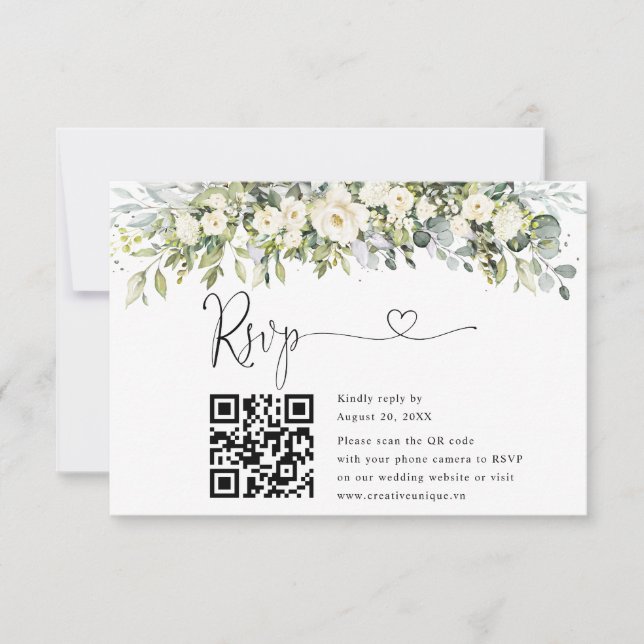 Vit Blommig Bröllopswebbplats QR-kod RSVP  OSA Kort (Framsida)