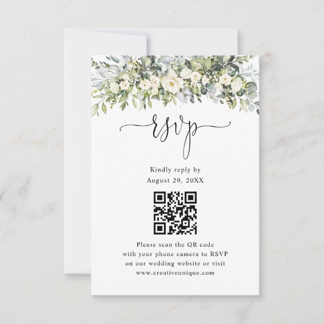 Vit Blommig Bröllopswebbplats QR-kod RSVP  OSA Kort (Framsida)