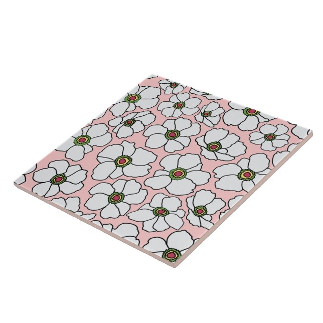 Vit blommig design på rosa vildblomma  kakelplatta (Sidan)