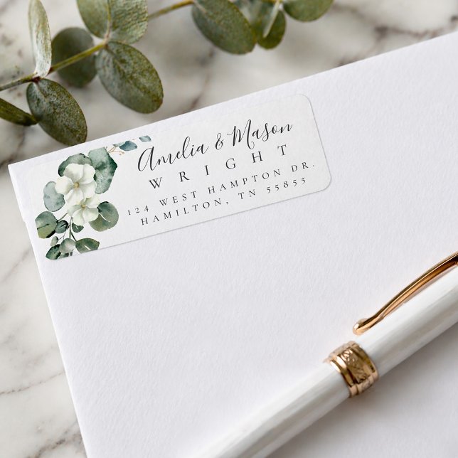 Vit Blommig Eukalyptus Bröllops Returadress Etikett (White Floral Eucalyptus Wedding Return Address Label)