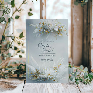 Vit Blommig Fjäder Guld Ram Elegant Bröllop Inbjudningar