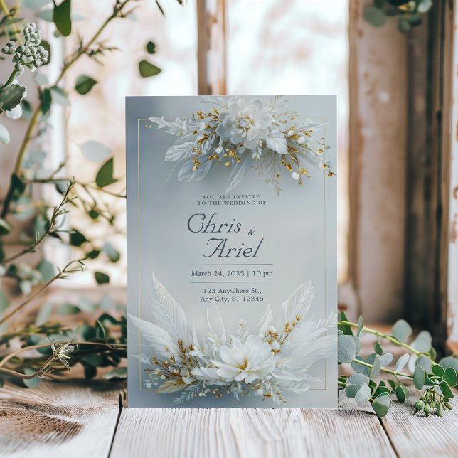 Vit Blommig Fjäder Guld Ram Elegant Bröllop Inbjudningar (Skapare uppladdad)