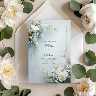 Vit Blommig Fjäder Guld Ram Elegant Bröllop Inbjudningar