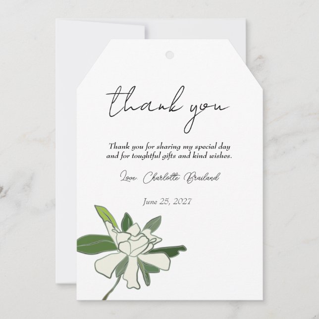 Vit Blommig Gardenia Enkel Trädgård Bröllopsdusch  Tack Kort (Framsida)