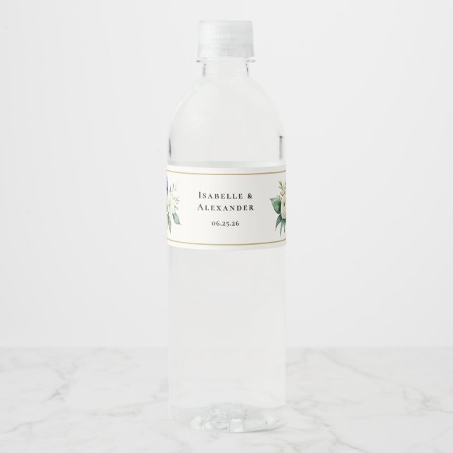 Vit Blommig Grönska Elegant Personlig Bröllop Vattenflaska Etikett (Framsida)