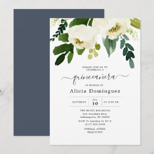 Vit Blommig & Grönskande Akvarell Quinceañera Inbjudningar
