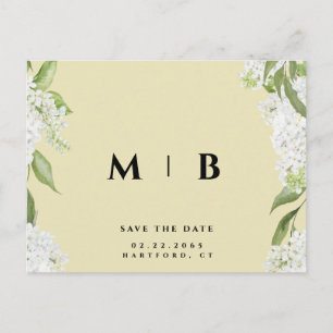 Vit Blommig Gul Monogram Bröllop Spara Datum Vykort