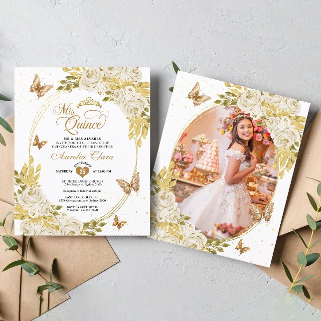 Vit Blommig Guld Fjäril Foto Quinceañera (Skapare uppladdad)
