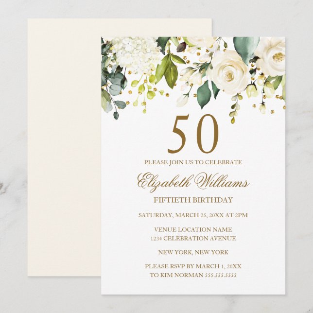 Vit Blommig Guld Konfetti 50-årsfirande Inbjudningar (Fram/baksida)