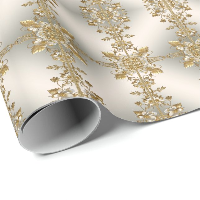 Vit Blommig Guld Ornament Papper Presentpapper (Rullad Hörn)