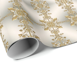 Vit Blommig Guld Ornamentik Inpackningspapper Presentpapper