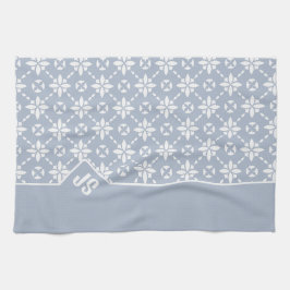 Vit blommig Mönster på Dusty Blue Gräns Kökshandduk