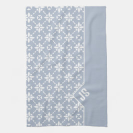 Vit blommig Mönster på Dusty Blue Gräns Kökshandduk