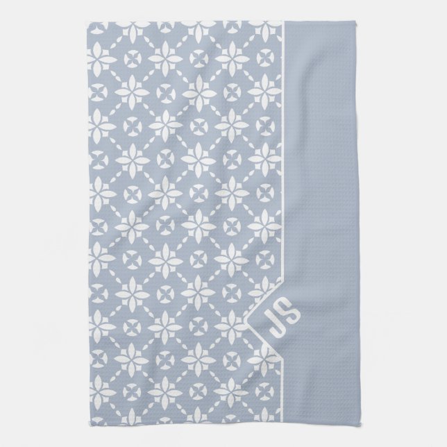 Vit blommig Mönster på Dusty Blue Gräns Kökshandduk (Vertikal)