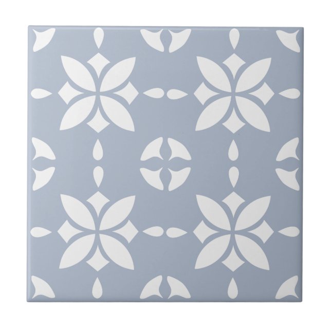 Vit blommig Mönster på Dusty Blue Kakelplatta (Framsidan)