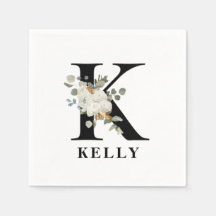 Vit Blommig Svart Monogram K Pappersservett