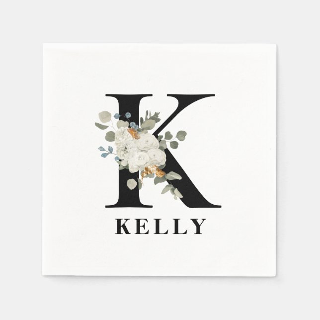 Vit Blommig Svart Monogram K Pappersservett (Framsidan)