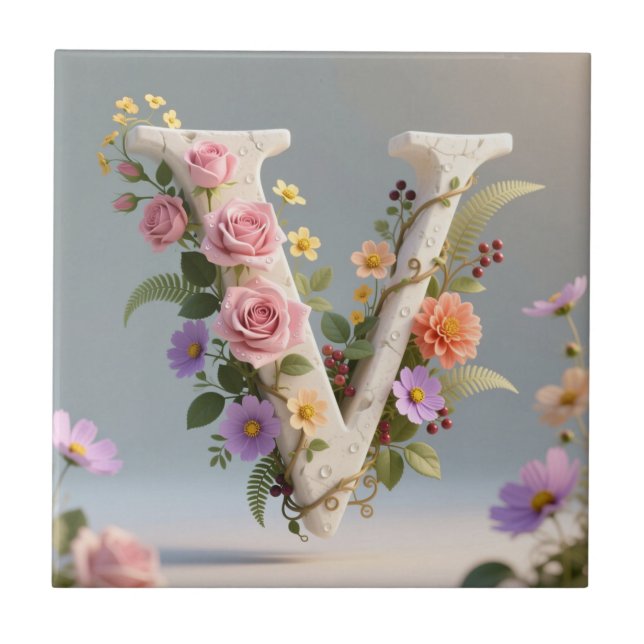 Vit Blommig Texturerad Monogram Bokstav V Kakelplatta (Framsidan)