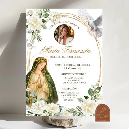 Vit blommig Vår Fru av Guadalupe spansk begravning Inbjudningar