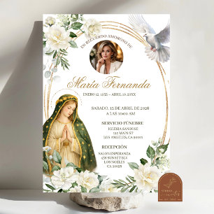 Vit blommig Vår Fru av Guadalupe spansk begravning Inbjudningar