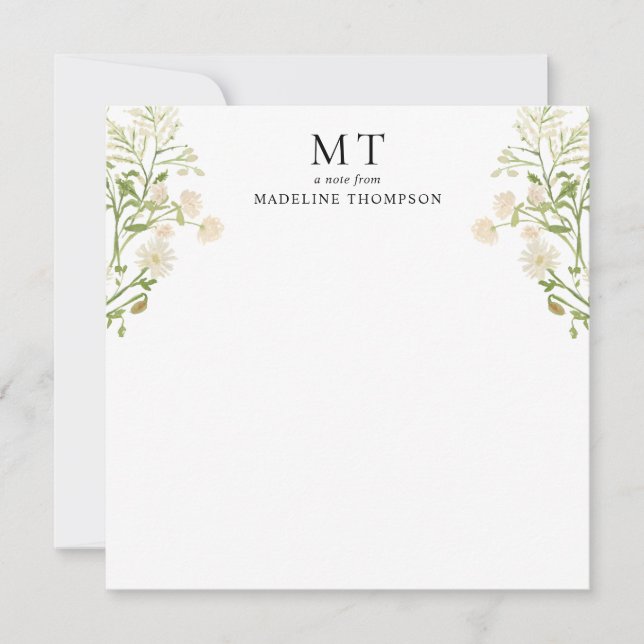 Vit Blommig Vildblomma Klassisk Monogram fyrkant Anteckningskort (Framsida)