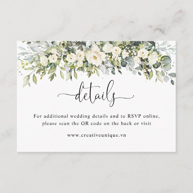 Vit Blommig Webbplats QR-kod Detaljer Inkludering Tilläggskort (Framsida)