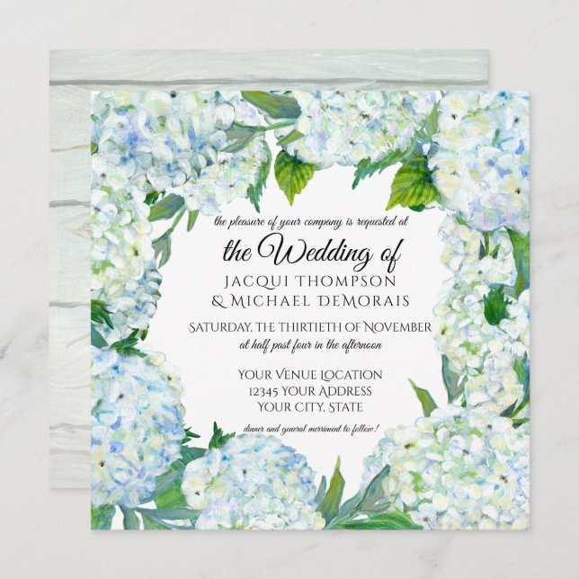 Vit Blommigt av blå Hydrangea  av andningssvårighe Inbjudningar (Fram/baksida)