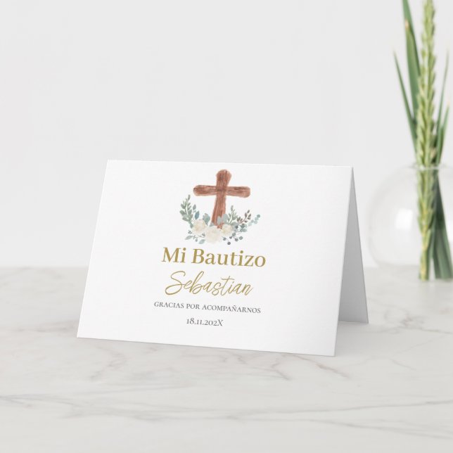 Vit blommigt Baptism spansk Tack Kort (Framsida)