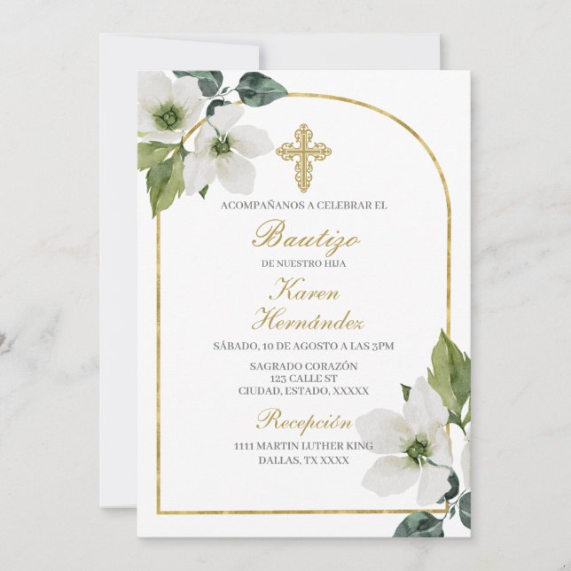 Vit blommigt Baptism Spanska Inbjudningar (Framsida)