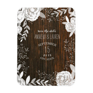 Vit Blommigt Barnwood Inspired Spara datum Magnet