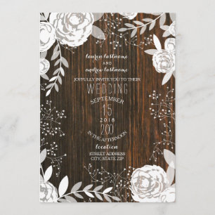 Vit Blommigt Barnwood Rustic Bröllop Inbjudningar