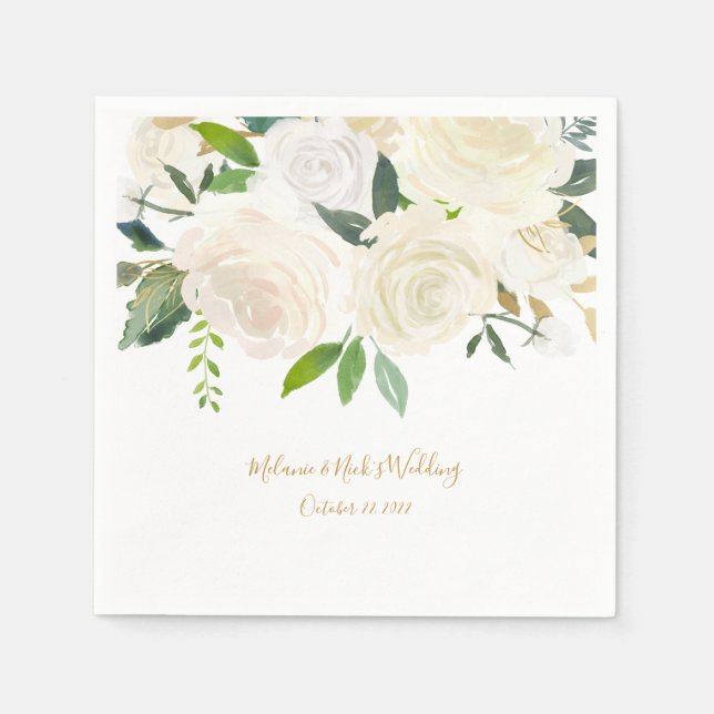 Vit blommigt + beröring av guld bröllop-dekorn pappersservett (Framsidan)