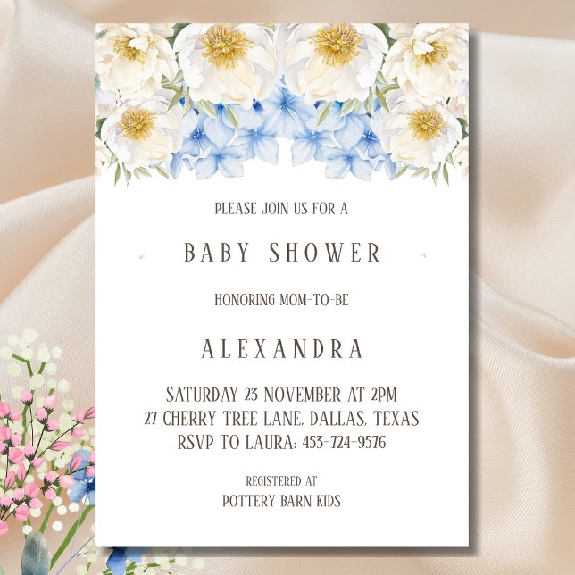 Vit Blommigt Blue Hydrangea Garden Baby Shower Inbjudningar (Skapare uppladdad)