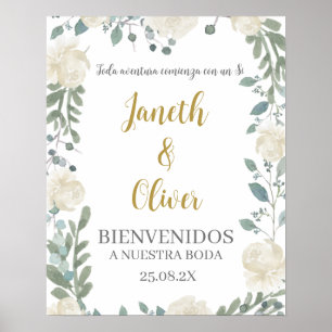 Vit blommigt bröllop välkomstskylt på spanska poster