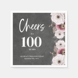 Vit Blommigt-chalkboard Cheers till 100:e födelsed Pappersservett